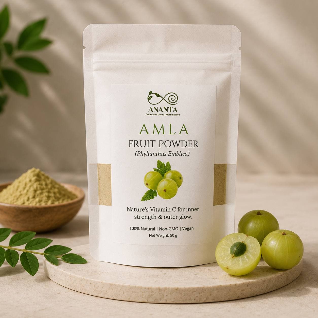 Ananta Amla Fruit Powder pouch with fresh amla berries and powder