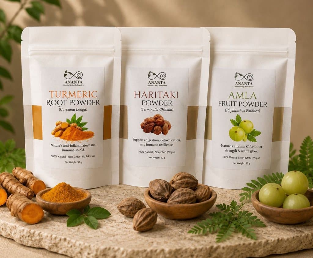 The Daily Wellness Combo - Turmeric, Haritaki and Amla powder pouches together