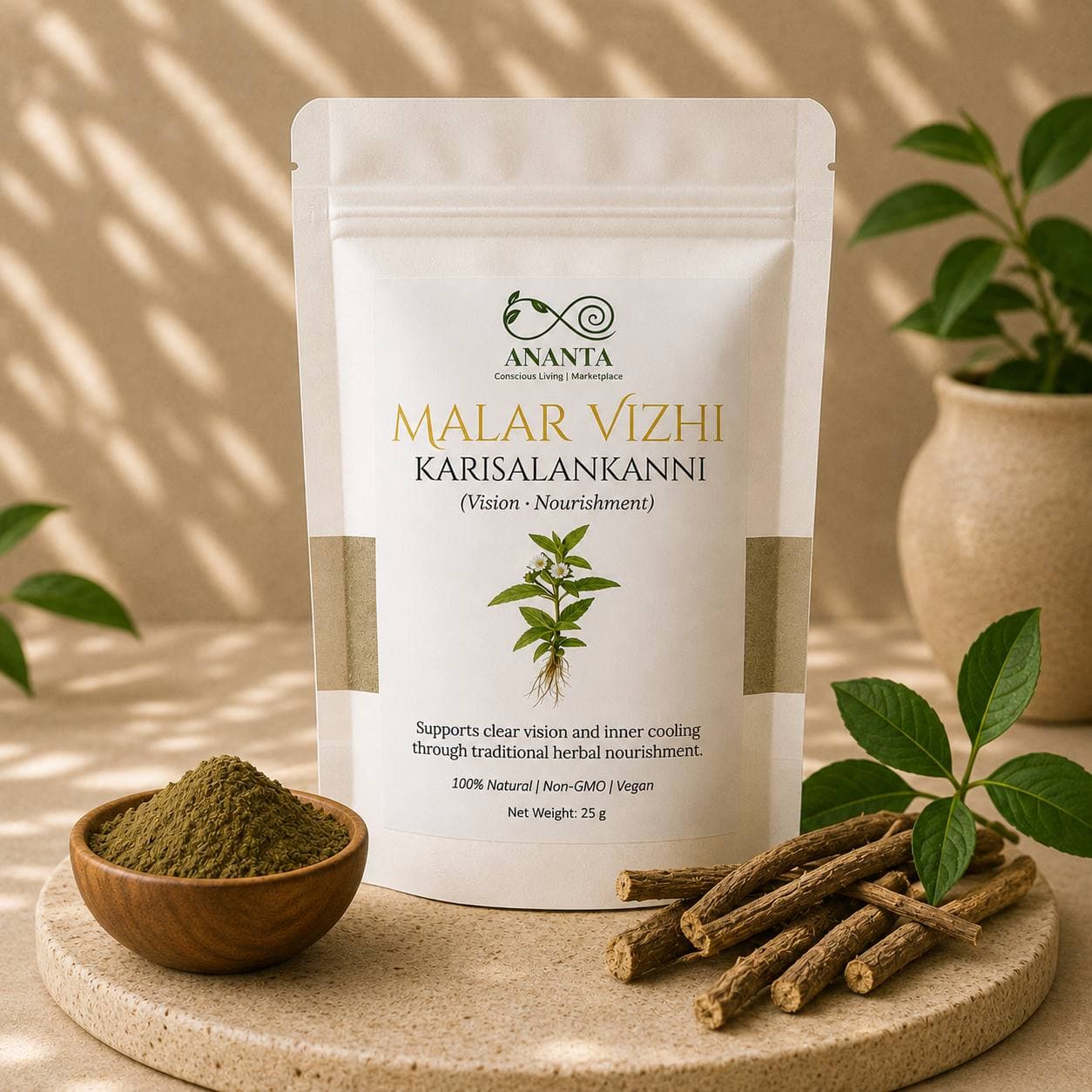 Ananta Karisalankanni powder pouch with fresh karisalankanni leaves